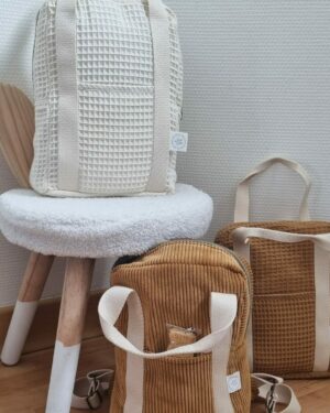 petits sacs à dos enfant, nid d'abeille écru et camel et velours côtelé camel