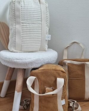 petits sacs à dos enfant, nid d'abeille écru et camel et velours côtelé camel