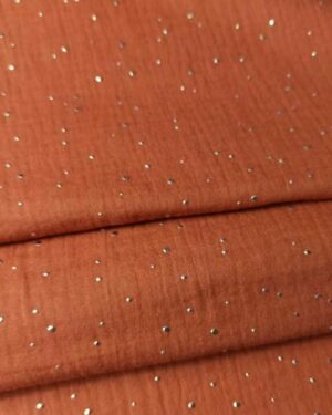 tissus double gaze de coton terracotta à pois dorés