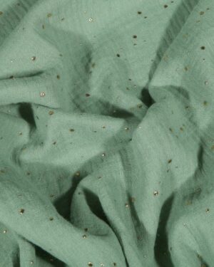 tissus double gaze de coton vert sauge à pois dorés