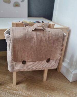 grand cartable d'écolier en velours côtelé beige