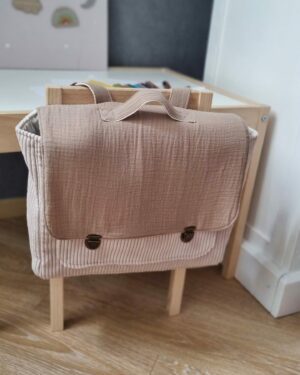 grand cartable d'écolier en velours côtelé beige