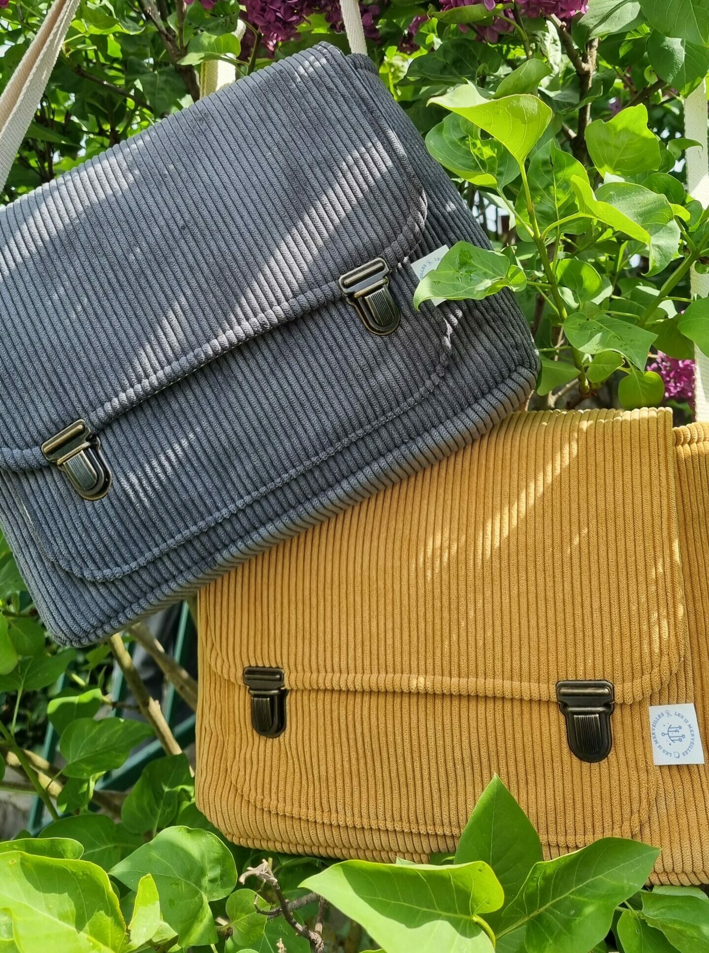 Sac à bandoulière Stephanie Velours côtelé camel et gris